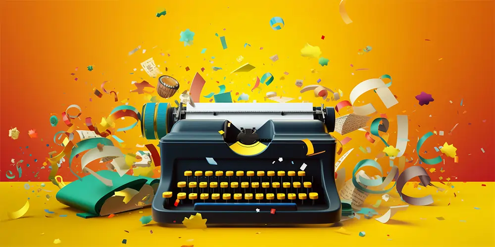 A vividly coloured typewriter intended for a headline image of an upbeat article on AI writing